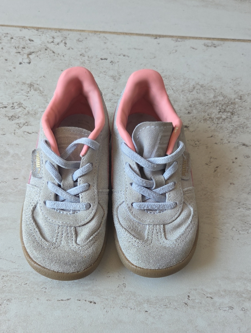 Puma Kids Suede Sneakers in Light Gray with Pink Lining